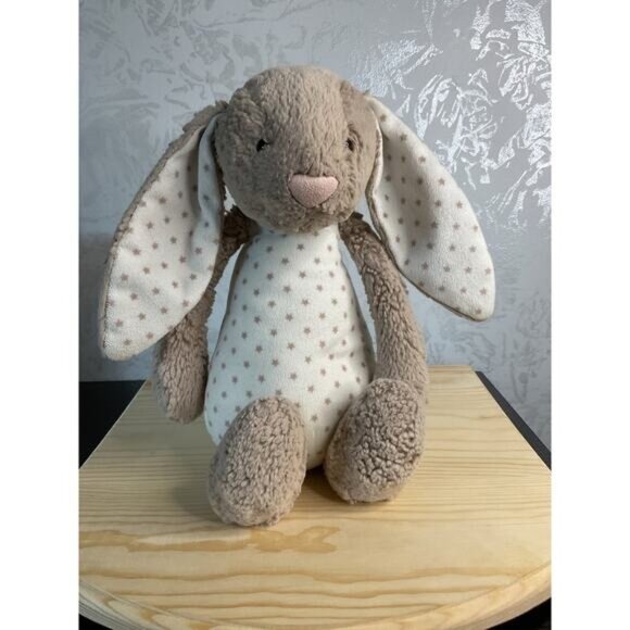 Little Jellycat Starry Bashful Bunny Rabbit Rattle Soft Plush Tan White Stars - Picture 1 of 8